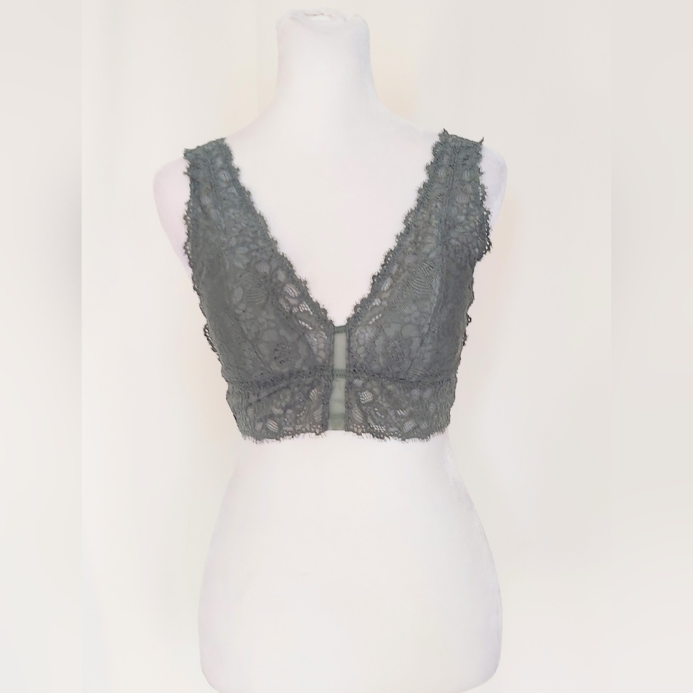 Aerie Size Small Ribbed Eyelash Lace Trim Longline Bralette Sage Green